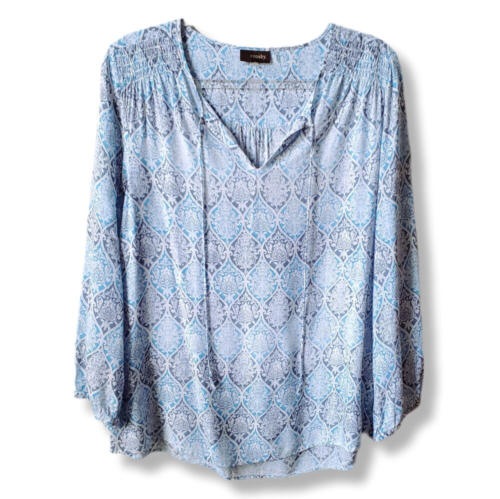 Crosby Women Blue White Tunic Top Blouse L Boho Casual Breezy Coastal Relaxed